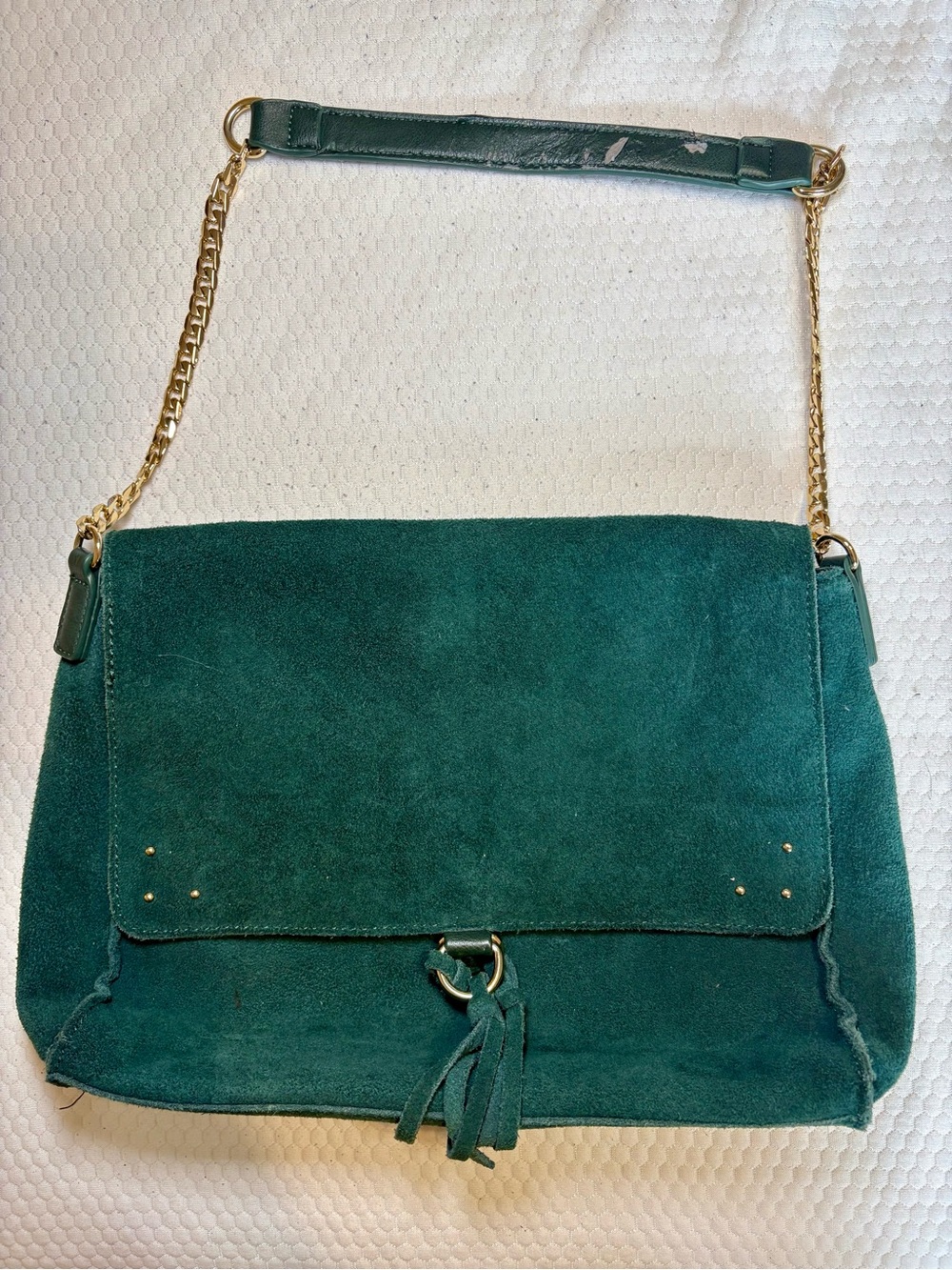Green Suede Shoulder Bag with Gold Chain Strap